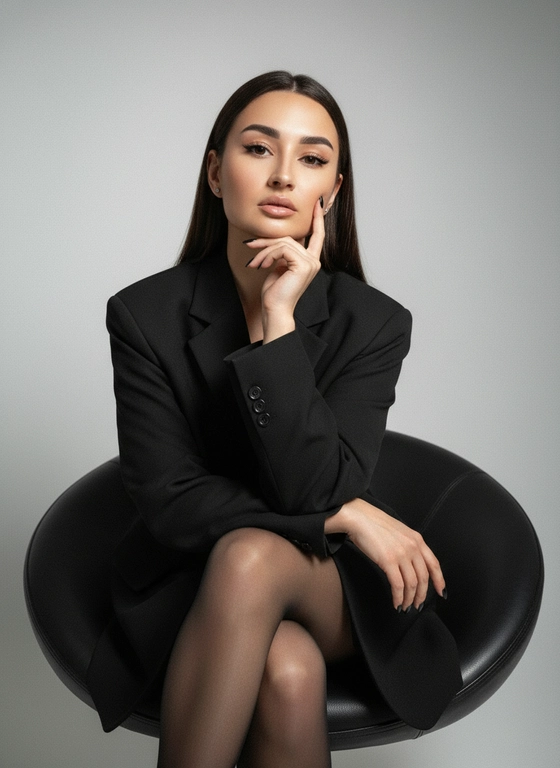 меняй черты лица студийный экстремально портрет девушки
Девушка одета в черный пиджак оверсайз . Черные плотные капроновые колготкИ.
Поза её: она сидит на кожаном черном кресле круглом. Нога на ногу, одна рука опущена, а другая держит ладонью подбородок. Голова немного наклонена
Её волосы прямые
Макияж легкий красивый, пышные ресницы, сияющая кожа, ногти чёрные короткие Фон фотографии студийный серо-белый.
Студийный свет с небольшим затемнением
Легкая зернистость
Формат 9:16