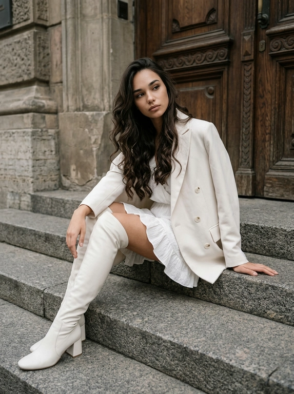 Девушка в стиле high fashion на каменных ступенях
