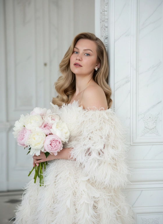 Создай крупный плечевой портрет, не меняя черты лица.Детальный крупный портрет элегантной женщины в эффектном, роскошном, модном платье. Женщина с волнистыми волосами. Одежда представляет собой объемное творение кутюр, полностью сделанное из больших, текстурированных, кремово-белых перьев, уложенного с открытыми плечами, чтобы обнажить декольте  Женщина стоит в динамичной, чувственной позе, прислонившись к белой классическому архитектурной стене. На ней серьги-гвоздики жемчужные . На заднем плане представлен грандиозный, классический интерьер/экстерьер - ярко-белая мраморная или лепная стена. Редакционное освещение, мягкое и рассеянное, подчеркивающее текстуру перьев и кожи.в руках букет. Высокое разрешение, сверхдетализация, модная фотография Букет из белых и розовых пионов