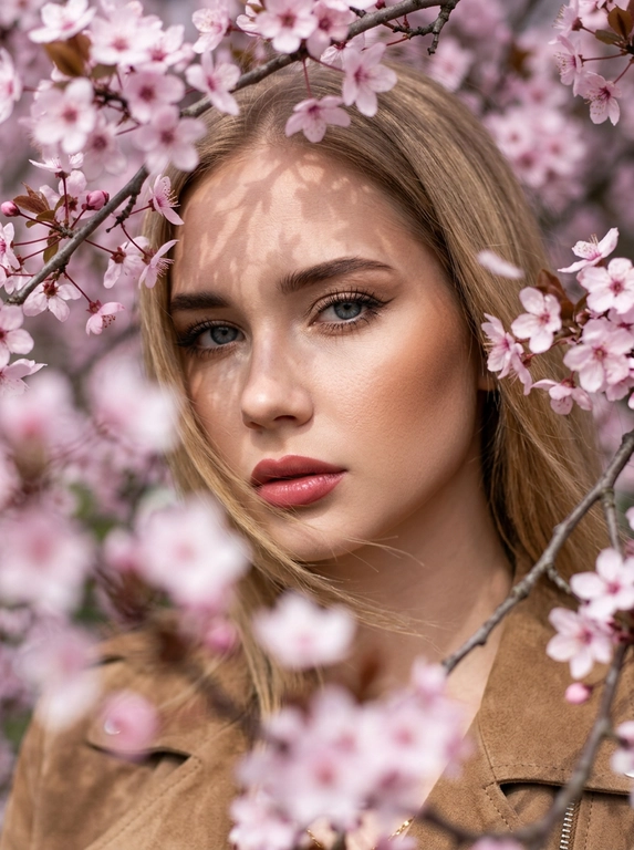 Крупный план лица. Модель смотрит прямо в объектив через густые ветви цветущей сакуры. Часть цветов на переднем плане находится вне фокуса, создавая ощущение глубины и мягкие розовые размытые пятна.
Пластика и поза: лицо словно зажато между ветками.
Модель немного наклоняет голову, из-за чего линия скул образует выразительный острый угол.
Взгляд осознанный, глубокий, живой.
Одежда: видна только линия плеч. Светло коричневая стильная ( по мотивам ysl) замшевая куртка.
Динамика: резкая фокусировка на глазах. Прядь волос и лепестки немного размыты ветром (motion blur). Макияж : густые длинные ресницы, оформленные брови, стрелка удлиняющая глаз, бронзер , легкий тон, губы подчеркнуты насыщенным пыльно розовым карандашом, розовый блеск.
Высокая детализация кожи, реализм текстуры.
Атмосфера: ощущение дорогой журнальной съёмки.
Естественный свет проходит сквозь лепестки и ветви, создавая на лице тонкую сетку из теней.
Супер детализированное фото 8К.