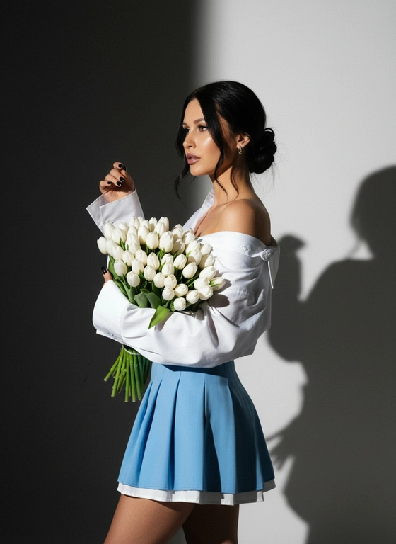 Девушка снята в профиль по бёдра , поза немного повернута влево: корпус прямой, одна рука согнута у лица, локоть приподнят, плечо обнажено. На ней свободная белая рубашка большого размера с длинными объёмными рукавами и широкими манжетами; рубашка заправлена в пояс юбки так, что одна сторона воротника сдвинута и плечо открытo, создавая небрежно-элегантный эффект. Юбка короткая, плиссированная, трапециевидного кроя небесно голубого оттенка; по низу видна белая подкладка или кант, который немного выглядывает. Кожа  загорелого тона; силуэт подчёркнут талией и расклешённой юбкой.
Волосы темные, собраны в низкий небрежный пучок или хвост с несколькими выбившимися прядями; серьги каффы .Длинные ресницы(лисий эффект),блеск на губах. Сходство 100%. Свет направлен так, что образ ясно выделяется на фонe: слева тёмная стена, справа светлая, образуя контраст и отбрасывая мягкую тень на правой стороне стены. Кадр чуть зернист из‑за слабого освещения или использования камеры смартфона с вспышкой/подсветкой, что придаёт снимку интимную, модную атмосферу.В целом образ читается как сочетание повседневного и нарочито небрежного шика — oversize-рубашка плюс короткая плиссированная юбка создают баланс расслабленности и женственности.Эффект яркой, жёсткой вспышки. Не меняй черты лица. В руках белые тюльпаны  (500 штук ) Формат 9:16.ногти черный квадрат.