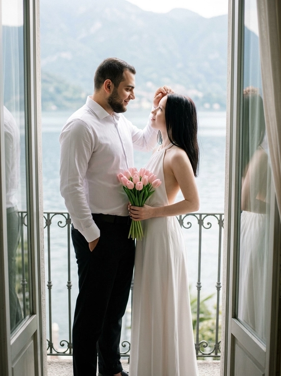 Фотореалистичный bridal editorial, полный рост. Пара стоит на узком балконе у открытой стеклянной двери. Мужчина слева, корпус в 3/4 вправо к женщине, одна рука в кармане брюк, другой рукой мягко касается её волос у лба, голова чуть наклонена к ней, взгляд на женщину, лёгкая нежная улыбка. Женщина справа, стоит очень близко, корпус в 3/4 влево, голова поднята к мужчине, взгляд снизу вверх на его лицо. В обеих руках прижат к животу маленький аккуратный букет из 11 этих цветов: бутоны цветов собраны плотно, стебли строго вниз, букет вертикальный, не у бедра, не у груди. Мужчина в чёрном костюме и белой рубашке без галстука. Женщина в длинном белом платье-халтер с открытой спиной. Фон: кованые перила, озеро, горы, светлые шторы. Мягкий естественный дневной свет, 50mm, лёгкое зерно.

Из каких цветов будет букет невесты?: Нежно-розовые тюльпаны