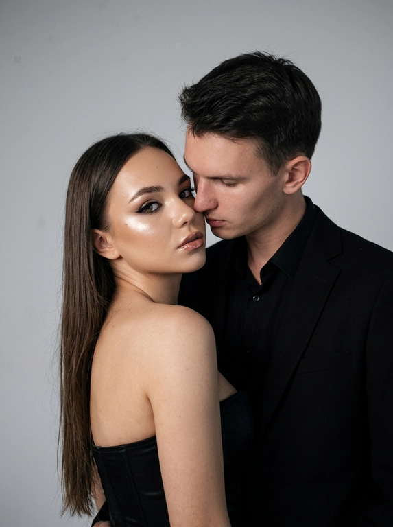 Не меняя черты лица, студийная fashion-съемка пары в минималистичном интерьере с серо-белым фоном, атмосфера гламура и интимной близости, ракурс — крупный портрет по грудь с легким поворотом корпуса, женщина на переднем плане, мужчина позади склоняется к её плечу, поза — она слегка отвернута от камеры с прямым взглядом, он касается лицом её шеи/плеча, одежда — на женщине черный корсет/бандо с открытыми плечами, на мужчине классический черный пиджак и рубашка, макияж — glam (ровный сияющий тон, сильный хайлайтер, четкий контуринг, стрелки, густые ресницы, глянцевые губы), свет — жесткая фронтальная вспышка + мягкий заполняющий свет, выраженные тени позади, эффект flash photography / editorial, холодно-нейтральная цветокоррекция с контрастом и глянцем кожи, высокая детализация, slight film grain, shallow depth of field, съемка на Canon EOS R / 50mm, f/2.0, direct flash, studio look.