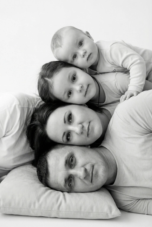 Создай чёрно-белый профессиональный студийный портрет на основе предоставленных фотографий. Съёмка сверху (top-down, overhead shot). Сохрани лица, возраст и индивидуальные черты людей.

Композиция: головы выстроены вертикальной  “башней” сверху вниз, по убыванию возраста в шахматном порядке.
Головы расположены близко друг к другу, как единая композиционная линия, но каждая имеет свою опору.
В кадре видны только головы и плечи.
Все смотрят в камеру, выражения мягкие и спокойные.

Одежда: однотонная, светлая или нейтральная.
Фон: чистый студийный, воздушный.
Стиль: high-key, мягкий ровный свет сверху, минимальные тени. Фотореализм, аккуратная текстура кожи, высокая детализация, 8K.Композиция «снизу вверх», шахматный порядок:
﻿﻿самый старший человек находится внизу, как мягкая подушка, его голова опирается на нейтральную студийную поверхность (например, плед или подушка);
следующие люди аккуратно и легко расположены на старшем человеке в шахматном порядке, их голова слегка приподнята, без ощущения давления; ﻿﻿

Несмотря на шахматное расположение, головы выстроены строго в одну вертикальную линию, взгляд в камеру.
Расположи их по убыванию возраста.

Видны только головы и плечи. Выражения мягкие, спокойные, нежные. Одежда однотонная, светлая или нейтральная, элегантная, без чёрного цвета.
Фон - чистый студийный, без пола и лишних деталей, создающий эффект «воздушного» портрета.
Стиль и освещение:
Студийная высококачественная чёрно-белая фотография (high-key).
Мягкий ровный свет сверху, минимум теней. Чистый фон; фотореализм, высокая детализация лиц, аккуратная текстура кожи; 8K.