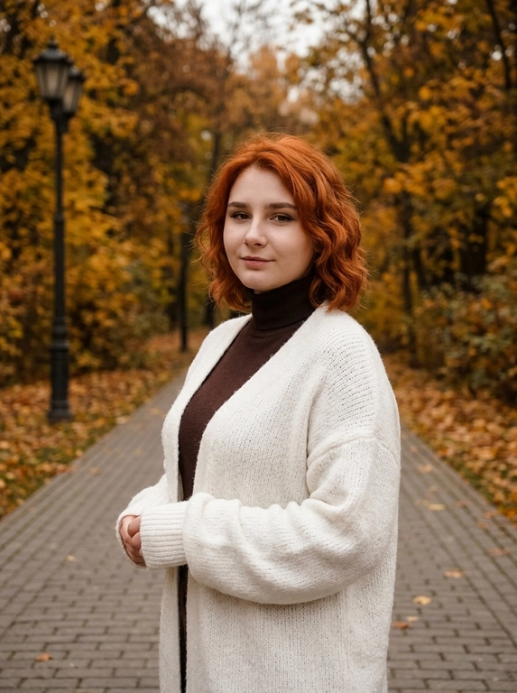 Портрет женщины на осенней аллее в тёплых тонах