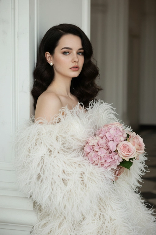 Создай крупный плечевой портрет, не меняя черты лица.Детальный крупный портрет элегантной женщины в эффектном, роскошном, модном платье. Женщина с волнистыми волосами. Одежда представляет собой объемное творение кутюр, полностью сделанное из больших, текстурированных, кремово-белых перьев, уложенного с открытыми плечами, чтобы обнажить декольте  Женщина стоит в динамичной, чувственной позе, прислонившись к белой классическому архитектурной стене. На ней серьги-гвоздики жемчужные . На заднем плане представлен грандиозный, классический интерьер/экстерьер - ярко-белая мраморная или лепная стена. Редакционное освещение, мягкое и рассеянное, подчеркивающее текстуру перьев и кожи.в руках букет. Высокое разрешение, сверхдетализация, модная фотография Букет из пудрово-розовых гортензий и роз