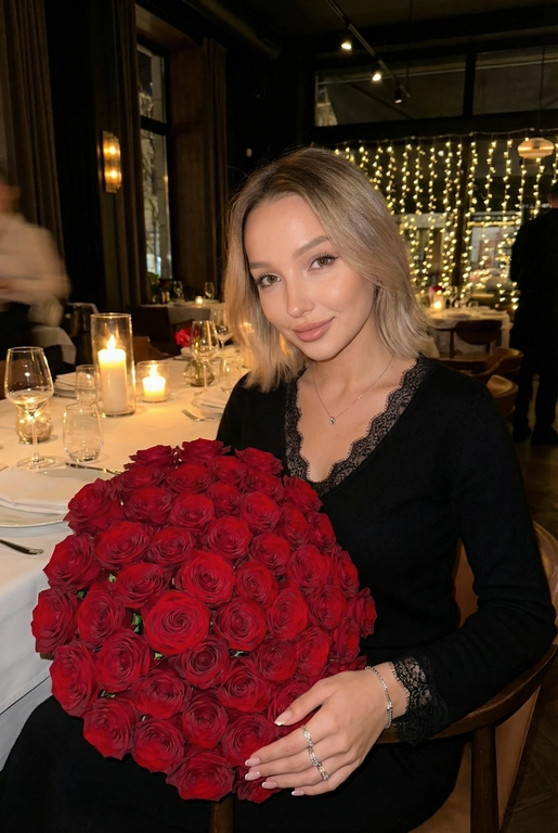 Женщина в дорогом ресторане сидит за сервированным столиком. Не меняй внешность, цвет волос и стрижку. Темное фото, теплые огни. В руках у нее огромный букет из 51 красной розы. Спонтанное фото в движении, немного смазано. Гламурный, но естественный макияж, серебряный браслет на руке, кольца, нежный маникюр. На шее тонкая серебряная цепочка и маленький кулон. Она смотрит в камеру, легкая улыбка. Она одета в черный кашемировый тонкий лонгслив с V-образным вырезом, отделанным тонким кружевом на воротнике и манжетах.