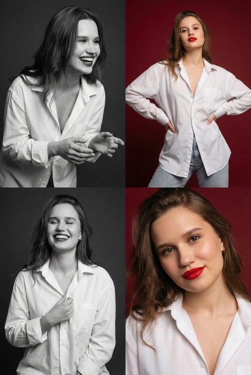 Коллаж из четырёх студийных портретов одной женщины, расположенных в сетке 2×2. Не меняй внешность, цвет и текстуру волос. Все кадры сняты в модном editorial-стиле. Образ — естественная красота, лёгкая небрежность, живые эмоции.
Женщина имеет естественный макияж с акцентом на красные губы. На ней белая очень свободная рубашка мужского кроя на несколько размеров больше, частично расстёгнутая, подчёркивающая линию декольте. В отдельных кадрах она слегка придерживает рубашку руками.
Эмоции и позы:
Верхний левый кадр — чёрно-белый, она наклоняется вперёд, смеётся, взгляд в сторону, живой момент.
Верхний правый — цветной, красный студийный фон, руки на бёдрах, уверенный фэшн-портрет. Снято с нижнего ракурса. Видно часть ее светлых джинс.
Нижний левый — чёрно-белый, она смеётся с закрытыми глазами, держит рубашку у груди, расслабленная поза.
Нижний правый — цветной, крупный портрет, легкая улыбка, слегка наклонила голову в сторону, тёплая улыбка, акцент на губах.
Фон: для цветных кадров — глубокий красный студийный фон, для чёрно-белых — нейтральный тёмный фон.
Освещение: мягкий студийный свет, подчёркивающий текстуру кожи, волосы и складки рубашки. Без жёстких теней.
Композиция: кадры слегка разные по ракурсу, создают ощущение живой съёмки backstage.
Стиль: fashion editorial, lifestyle, natural sexy, cinematic soft light, analog photo vibe, magazine photoshoot, ultra realistic, high detail, skin texture visible, 8k. Волосы распущены и уложены в объемную естественную укладку