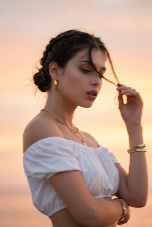 Смазанный fashion-портрет девушки на фоне закатного неба