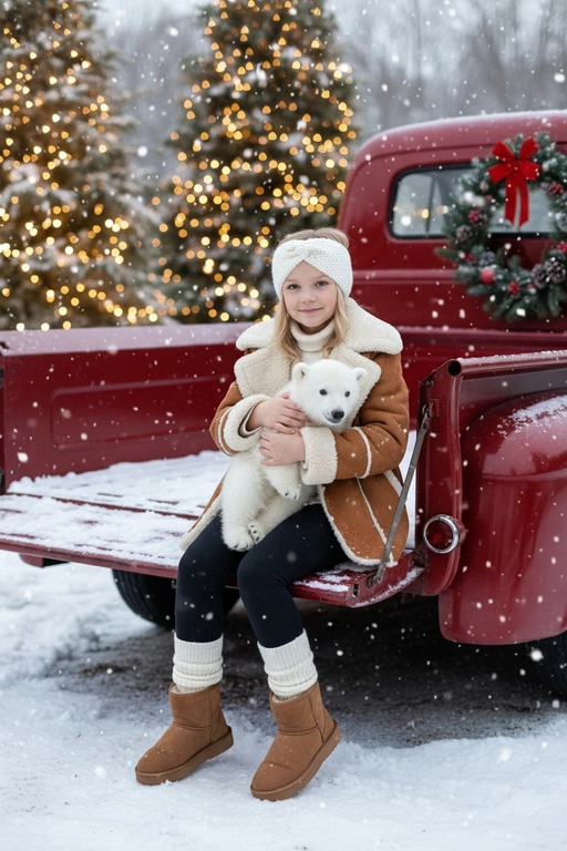 Портрет молодой женщины, сидящей на кузове винтажного красного грузовика. Девушка держит на руках животное. На ней коричневая дубленка с белой окантовкой из овчины по воротнику, манжетам и карманам, под дубленкой белый свитер с горловиной, черные лосины тканевые без блеска, на ногах укороченные, высотой до щиколоток коричнево-бежевые угги на платформе и кремовые гетры до середины икр, выглядывающие из уггов. 
Девушка смотрит в камеру, на ее лице легкая улыбка. 

На грузовике — праздничный рождественский венок. На земле лежит снег.

Мягкий снег падает. Атмосфера — реалистичная, теплая и немного кинематографичная. Сияющие рождественские огоньки и украшения создают яркую теплую атмосферу. Разрешение 8K, акцент на текстуру одежды, снег и сверкающие огоньки на заднем фоне. —ar 3:4 —v.

Не меняй черты лица.  На голове девочки белая повязка. Держит на руках белого медвежонка
 Лицо и возраст не меняй оставить как на фото 