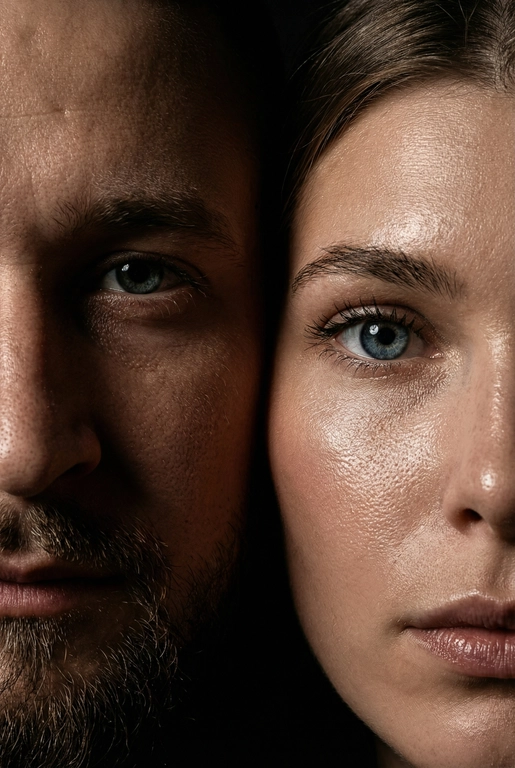   создай портрет, не меняя черты лица. Крупный план (extreme close-up) двух лиц людей, их лица прижатых друг к другу. Видны только половины каждого лица.
Драматичное освещение в стиле чиароскуро, глубокие тени.
Невероятная детализация кожи: видны поры, текстура, естественный блеск у женщины.
Выразительный взгляд прямо в камеру. Высокое разрешение, макросъемка, профессиональное студийное фото, 8K.