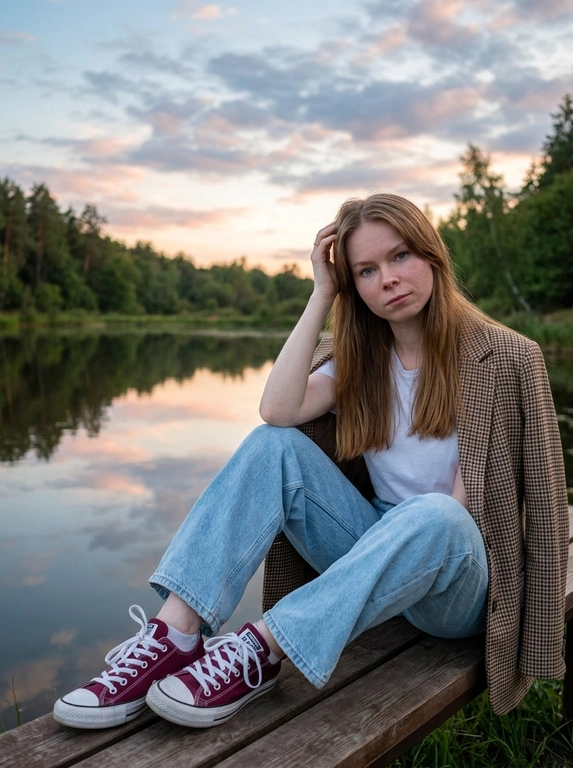 Портретная фотография на природе во время заката. Женщина сидит на деревянной скамейке со спинкой у берега спокойного водоема или реки. На заднем плане виден лесистый берег, а небо с облаками отражается в воде. Атмосфера кадра тихая, спокойная и умиротворенная. Цветовая гамма теплая и мягкая, с сочетанием голубых, розовых и оранжевых оттенков закатного неба.
На женщине белая футболка, голубые широкие оверсайз джинсы и бордовые кеды  Converse Chuck Taylor All Star OX с белыми шнурками. Поверх футболки накинут пиджак в клетку коричнево-бежевых тонов. Образ выглядит повседневно, естественно и расслабленно.
Поза непринужденная: женщина сидит на скамейке полулежа, слегка облокотившись на спинку. Одна рука поднята к голове, будто она поправляет волосы или просто касается виска в естественном жесте. Взгляд направлен прямо в камеру. Кадр передает ощущение уюта, тишины и вечернего покоя. Реалистичная фотография, мягкий естественный свет, живая атмосфера, натуральные цвета, спокойное lifestyle-настроение.