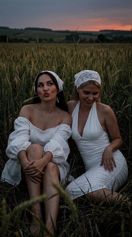 Ультрафотореалистичный случайный iPhone candid snapshot. Две женщины сидят рядом в высокой полевой траве на пшеничном поле, почти плечом к плечу, в нижней части кадра. Кадр по пояс. Вокруг густые колосья и высокая трава, вдали холмы и вечернее небо с остаточным свечением заката. Careless composition, quick amateur phone pic, imperfect framing, foreground grass слегка смазан, резкость на девушках.

ЛЕВАЯ: сидит с поджатыми коленями, руками обхватывает колено; корпус слегка вправо, голова поднята и повернута вверх-влево. Игривые губы «уточкой», тонкий колосок горизонтально проходит прямо у губ. Белое фактурное off-shoulder платье без бретелей, открытые плечи и ключицы, жатая жаккардовая текстура, длинные объёмные рукава. Белая кружевная ажурная бандана, завязанная сзади.

ПРАВАЯ: сидит боком, корпус слегка влево, голова наклонена вниз-вправо, естественно улыбается и смотрит на траву. Правая рука опирается на землю. Белое облегающее ruched halter dress, сборки на талии и боках, открытые плечи, глубокий V-вырез. Белая кружевная бандана.

МАКИЯЖ: натуральный summer soft glam, живая слегка загорелая кожа с реальными порами и мягким естественным сиянием, персиково-розовые румяна, естественные eyeshadow, тонкая межресничка, натуральные ресницы, аккуратные брови, розово-бежевые губы. Без beauty filter.

СВЕТ — СТРОГО: поздний летний ВЕЧЕР НА ЗАКАТЕ, солнце почти ушло за горизонт. БЕЗ ВСПЫШКИ, никакого фронтального искусственного света. ЭКСПОЗИЦИЯ СИЛЬНО СНИЖЕНА: намеренно тёмный кадр, лица и тела находятся в глубоких мягких тенях. Только слабый остаточный тёплый sunset glow сбоку и сзади слегка очерчивает волосы, плечи и края травы. Небо немного светлее переднего плана. Deep crushed shadows, subdued highlights, никакой пересвеченной кожи.

iPhone handheld low-light photo, RAW realism, strong underexposure, warm dusk color grading, muted saturation, deep blacks, rich brown-green shadows, realistic low-light sensor noise, visible grain, slight motion blur, imperfect focus, subtle foreground blur, slight vignette. Dreamy nostalgic grainy film emulation, intimate Pinterest summer evening aesthetic, ощущение настоящего случайного кадра,no studio lighting, no artificial face illumination, no HDR, no plastic/waxy skin, no excessive sharpness, no CGI, no AI gloss, no face smoothing, no text.