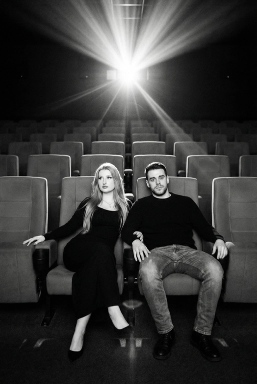  Кинематографичный чёрно-белый портрет пары в пустом кинозале.
Женщина и мужчина сидят рядом в мягких креслах кинотеатра.
кадр с глубоким пространством и пустыми рядами кресел позади них. Женщина черном длинном обтягивающем платье, поза женственная и спокойная, одна рука на подлокотнике.
Мужчина в черном свитере и в джинсах, сидит расслабленно.
Над ними яркий луч проектора, и выразительные блики.