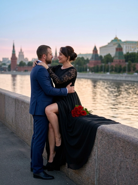 Влюблённая пара на набережной Москвы на закате