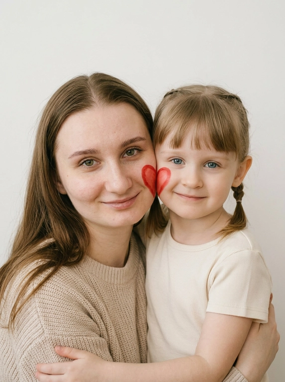 Не меняй внешность и черты лица «вертикальная фотография, мягкий студийный свет с эффектом вспышки, крупный план, умеренный контраст, лёгкая плёночная зернистость, винтажный документальный стиль.
Минималистичный светлый фон (чистая стена). Щёки людей соприкасаются. На щеке первого человека (слева) — половина сердца, на щеке второго человека (справа) — вторая, вместе образуют одно сердце.
Оба смотрят в камеру: у моделей спокойная теплая улыбка. 


Какая будет одежда?: Естественный внешний вид, уютная светлая повседневная одежда.