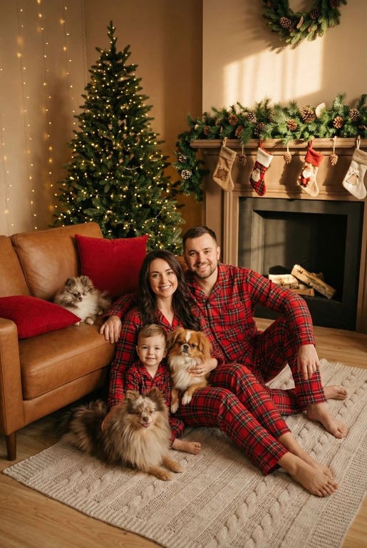   Создай трогательный кадр из профессиональной фотосессии в студии, где запечатлен момент семейной близости. Люди на фото могут быть как взрослыми так и детьми, в зависимости от предоставленных фото. Сделай так, чтобы все они смотрелись гармонично и трогательно. Фото в стиле Энни Лейбовиц, четкий фокус.

Люди в расслабленных позах на низком коричневом кожаном диване и на плотном светлом вязаном ковре. Естественные прически и минимальный макияж. 

Студия украшены в рождественском или новогоднем стиле, рядом с диваном стоит елка, позади дивана камин. Каминная полка украшена еловой гирляндой, шишками и маленькими рождественскими носочками. На диване красные декоративные подушки. В студии висят теплые гирлянды и мягко светятся.  

На фото видно лица людей и они смотрят в камеру.
 
Освещение мягкое, естественное, теплое, в стиле "Золотой час", мягкие тени, камера на уровне глаз, теплый цветовой грейд (золотисто-коричневые тона), натуральные оттенки, тонкая ретушь, мягкая пленочная текстура, атмосфера уюта, семейного тепла и близости. Одежда в стиле классических красных пижам в клетку 