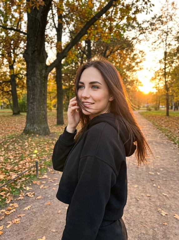 Фотореалистичная lifestyle-фотография женщины на улице в парке в осенний сезон. На заднем плане крепкие деревья, с которых уже начинает осыпаться листва. На горизонте мягкое яркое сияние рассвета или заката, создающее тёплую атмосферу и красивую естественную подсветку.

Стиль фотографии — модный уличный кадр с эффектом живой фотосессии, снятой на естественном свете. Основная палитра строится на тёплых оттенках закатного неба, осенней листвы и контрасте тёмной одежды. Атмосфера спокойная, лёгкая и немного мечтательная.

Женщина стоит в пол-оборота к камере, корпус слегка развёрнут в сторону, голова повернута назад через плечо. Она смотрит в камеру с лёгкой мягкой улыбкой. Одна рука слегка приподнята и находится рядом с лицом, поза выглядит естественной, расслабленной и непринуждённой, без ощущения постановки.

Волосы слегка развеваются от воздуха.

На женщине  Свободный чёрный укороченный худи с капюшоном, который мягко прикрывает часть шеи и плеч. Образ casual, простой, расслабленный и стильный, хорошо контрастирует с тёплым осенним светом.

Кадр снят немного дальше: женщина показана примерно до верхней части бёдер, чуть ниже линии ягодиц, чтобы лучше читались поза и силуэт. Композиция сохраняет акцент на лице, выражении и атмосфере, но даёт больше воздуха и пространства вокруг.

Освещение полностью естественное, мягкое и тёплое, с деликатным свечением от заката или рассвета. Фотография выглядит как дорогой, но живой кадр для Pinterest или социальных сетей: реалистичная текстура кожи и ткани, без глянцевой ретуши, без эффекта пластика, без ИИ-сглаживания.


Доп. характеристики: Черты лица не менять, фильтр не применять.