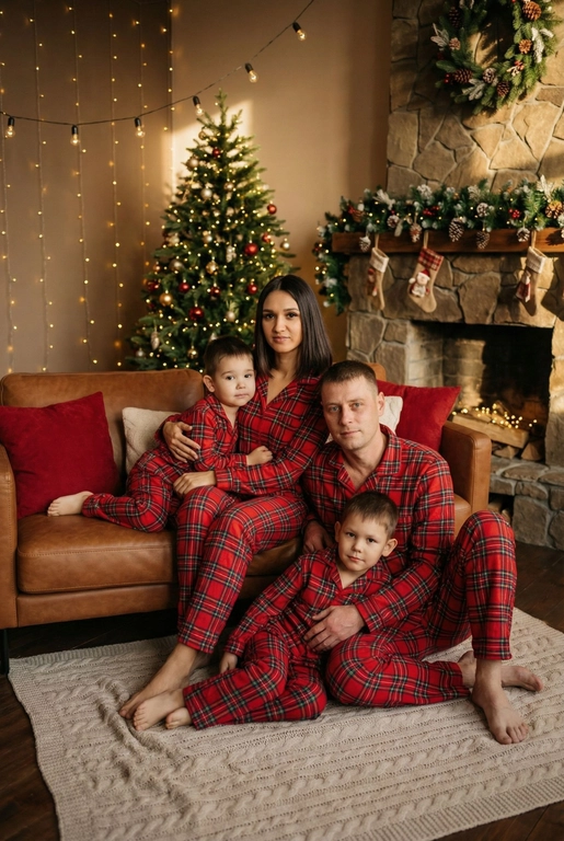  Создай трогательный кадр из профессиональной фотосессии в студии, где запечатлен момент семейной близости. Люди на фото могут быть как взрослыми так и детьми, в зависимости от предоставленных фото. Сделай так, чтобы все они смотрелись гармонично и трогательно. Фото в стиле Энни Лейбовиц, четкий фокус.

Люди в расслабленных позах на низком коричневом кожаном диване и на плотном светлом вязаном ковре. Естественные прически и минимальный макияж. 

Студия украшены в рождественском или новогоднем стиле, рядом с диваном стоит елка, позади дивана камин. Каминная полка украшена еловой гирляндой, шишками и маленькими рождественскими носочками. На диване красные декоративные подушки. В студии висят теплые гирлянды и мягко светятся.  

На фото видно лица людей и они смотрят в камеру.
 
Освещение мягкое, естественное, теплое, в стиле "Золотой час", мягкие тени, камера на уровне глаз, теплый цветовой грейд (золотисто-коричневые тона), натуральные оттенки, тонкая ретушь, мягкая пленочная текстура, атмосфера уюта, семейного тепла и близости. Одежда в стиле классических красных пижам в клетку 