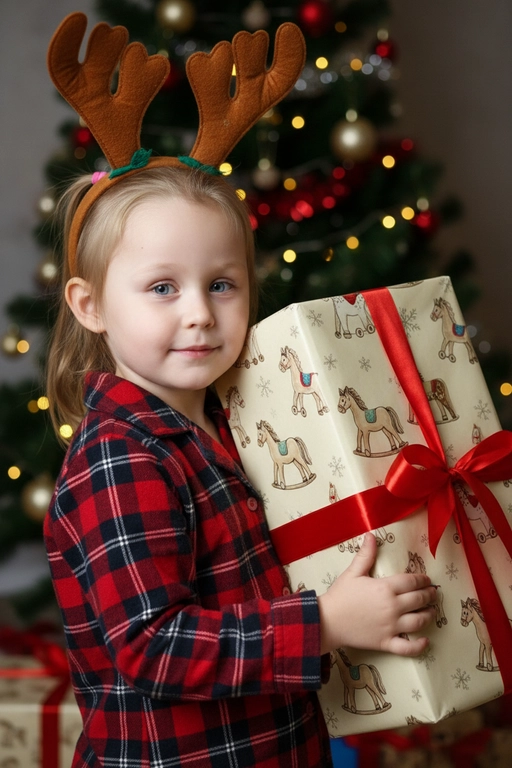 Используйте отправленную мной фотографию в качестве референса. Камера снимается немного выше уровня глаз, глядя прямо на модель, охватывая от середины груди и выше.  На изображении человек держит подарочную коробку  (размер 50х500х50 сантиметров) с крышкой, перевязанную красной лентой. На коробке нарисованные игрушечные лошадки. На фоне размытая рождественская или новогодняя елка. Лицо в три четверти (3/4), Модель в красной пижамной рубашке в клетку. Смотрит в камеру с легкой улыбкой, как будто предвкушая открыть свой подарок. 

Освещение выполнено по принципу софтбокса, но с более сильным, концентрированным основным светом для создания интенсивного свечения, сохраняя при этом мягкие тени, которые подчёркивают черты лица человека. 
Гиперреалистичная детализация, передающая каждый нюанс красоты, выражения лица и сложную текстуру волос, кожи и одежды. Атмосфера новогоднего праздника.  На голове у ребенка рождественский ободок с коричневыми оленьими рогами