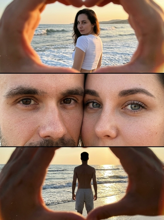 Дорогой lifestyle moment у моря, снятый случайно, как сторис на iPhone 17 Pro Max, без текста, табличек и постановочного ощущения. Фотореализм, raw photo look, естественная текстура кожи, видны поры и мелкие детали, без ИИ-пластика. Вертикальный кинематографичный триптих: три горизонтальные панели, разделённые тонкими границами. Общая атмосфера — тёплый летний beach-film still с ощущением любительской плёночной съёмки: мягкая зернистость, лёгкая дымка, film bloom, subtle chromatic aberration по краям, лёгкая потеря резкости на периферии, natural imperfections.

Верхняя панель: средний план со спины / в 3/4 у кромки моря. Фигура слегка повёрнута и оглядывается через плечо с лёгкой полуулыбкой. На переднем плане руки расположены очень близко к объективу, частично входят в кадр по краям и как будто мягко обхватывают камеру, создавая живую размытую рамку. Жест рук деликатно намекает на форму сердца, но не выглядит как отдельный показанный жест — скорее камера находится внутри пространства между руками. Руки слегка вне фокуса из-за близости к линзе, создают эффект подглядывания и интимной близости. Камера на уровне груди / плеч, небольшой наклон вниз. На фоне прибой, пенящиеся волны, горизонт и размытый дальний берег. Одежда — укороченная облегающая футболка, влажный морской воздух подчёркивает прилипание ткани и мелкие естественные заломы.**

Средняя панель: экстремальный крупный план двух лиц, прижатых щекой к щеке. Максимально тесное кадрирование. В фокусе два глаза на переднем плане, ресницы, радужка, поры кожи, пушковые волоски, мелкие тени от ресниц. Второй глаз частично попадает в кадр сверху. Очень малая глубина резкости, мягкий микроконтраст, creamy bokeh, интимное ощущение близости, естественный живой skin texture, без ретушной гладкости.**

Нижняя панель: общий план силуэта мужчины у воды. Фигура стоит на мокром песке у кромки моря в лёгкой расслабленной позе. На переднем плане снова руки очень близко к объективу, частично входящие в кадр по краям и будто обхватывающие камеру, создавая мягкую foreground frame. Жест рук снова слегка намекает на форму сердца вокруг точки зрения камеры, будто зритель смотрит изнутри пространства между руками. Руки немного размыты, усиливают эффект подглядывания. Сильная контровая подсветка от низкого солнца, дорожка бликов на воде, мягкие пересветы, сияние по контуру тела, тонкая дымка. Одежда — светлые льняные шорты с натуральной фактурой ткани и мягкими складками.**

Освещение во всех панелях: golden hour, тёплая янтарно-медовая цветовая температура, доминирующий контровой и боковой солнечный свет, мягкий заполняющий свет от неба и воды, естественные flare, блики и light leaks по краям, без жёстких студийных теней. Настроение — романтичное, интимное, ностальгическое, летняя свобода, нежность и близость. Микродетали: морская пена, искры бликов на воде, влажный воздух, тонкие волоски, естественная текстура кожи, лёгкая плёночная пыль и grain, мягкая виньетка, периферийное размытие. High-detail photorealism, cinematic film look, natural focus, realistic skin texture, no text, no labels, no signs.**