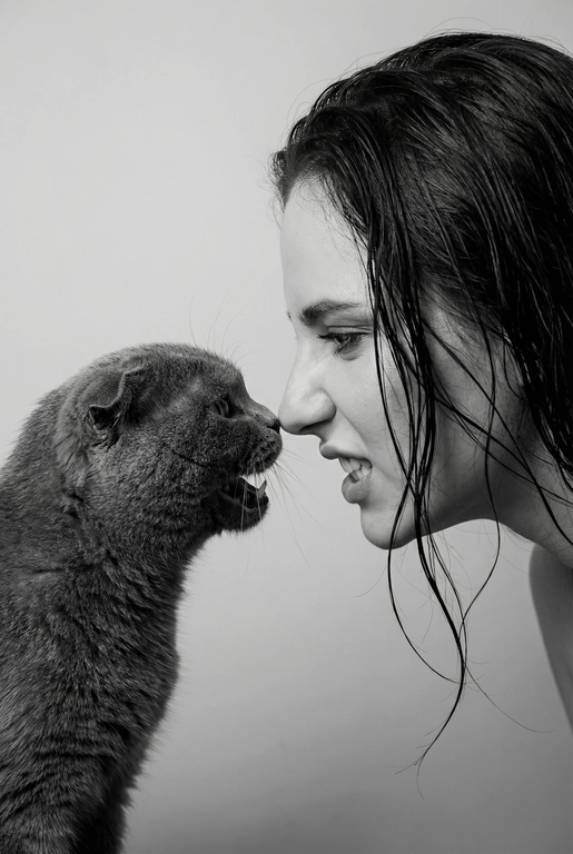 Сделай фото со мной и моим питомцем. Реалистичное фото, с высокой детализацией. Снимок меня и моего питомца в профиль. Фото сделано первым средним планом (Medium CloseUP), в кадре видно часть туловища (с головы до середины груди).
Я стою лицом к своему питомцу в строгий профиль, смотрю прямо на него.
Мой питомец расположен прямо напротив моего лица, также в профиль, смотрит прямо на меня. Наши носы почти соприкасаются. Наши головы могут быть наклонены: например, моя голова наклонена немного вниз, а голова питомца наоборот повыше. Четкая визуальная симметрия между моем лицом и головой моего питомца.
Студийное освещение, мягкий свет, создающий контрастность и скульптурные тени, на самом лице минимум тени. 
 Я и питомец игриво рычим.  Черно-белая фотография. Фон светлый, нейтральный. 