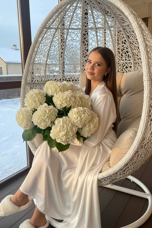 Гиперреалистичная фотография женщины, зима, сидящей полубоком на закрытой веранде с видом на дом в кресле коконе белом и держащей в руках очень большой, пышный букет, состоящий из множества белых цветов — круглых, густых, многоцветковых, с пышными соцветиями и зелеными листьями. Букет объемный, он явно состоит из десятков отдельных гортензий, а не из единого бутона. в ушах маленькие красивые серьги. ногти молочного цвета. Волосы с аккуратной легкой укладкой. 
На ней халат шелковый как кимоно в пол на ногах пушистые тапки.
Ее макияж выполнен в стиле мягкого глэма: сияющая кожа. Она позирует в полупрофиль.
Золотистый естественный свет проникает сбоку, отбрасывая резкие, но мягкие тени на складки ткани . Цвет халата - белый, цвет тапок - белый 