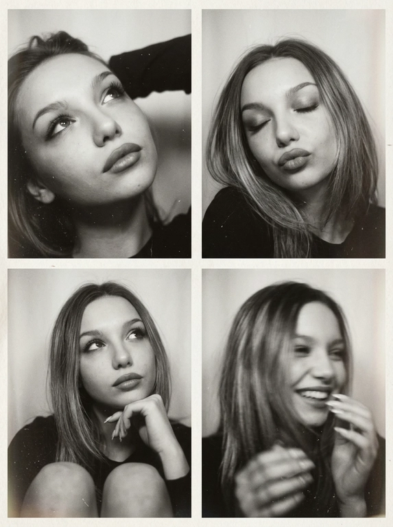 Photorealistic black-and-white vintage photobooth collage made of four frames in a 2x2 grid, separated by thin black dividers and surrounded by a slightly uneven paper border. Each frame shows the same woman in an intimate studio/photobooth setting against a plain light backdrop, captured with an authentic analog look: heavy film grain, soft contrast, halation, dusty scan artifacts, subtle scratches, and mild vignetting. Overall feel: 1990s/ early-2000s editorial photobooth print, raw and unretouched, candid "caught-between-moments" mood.
Use the uploaded photo as the basis and preserve the woman's face, makeup, likeness, and all original features without changing proportions or shape; keep natural facial micro-detail, pores, and subtle asymmetry, preserve the original head size.
Frame 1 (top-left): tight close-up, head tilted up and to the left, eyes looking upward, one arm raised behind the head, dreamy
Frame 2 (top-right): medium close-up, eyes closed, head slightly tilted, she subtly pushes/pouts her lips forward to show them (soft pout), calm playful mood; hair framing the face.
Frame 3 (bottom-left): medium close-up, seated with knees softly out of focus at the bottom, chin resting on one hand, gaze looking up to the right, thoughtful expression.
Frame 4 (bottom-right): medium close-up, the woman is laughing, but the frame is strongly blurred-heavy motion blur/defocus as if she moved during the shot; smile and face still recognizable, edges smeared, hair and hands noticeably streaked, imperfect photobooth misfire energy.
Print/scan look: monochrome with warm gray tones, slightly faded blacks, uneven exposure between frames, faint light leaks, paper texture visible, edges not perfectly straight, like a scanned photobooth print. High resolution, but intentionally imperfect, analog realism.