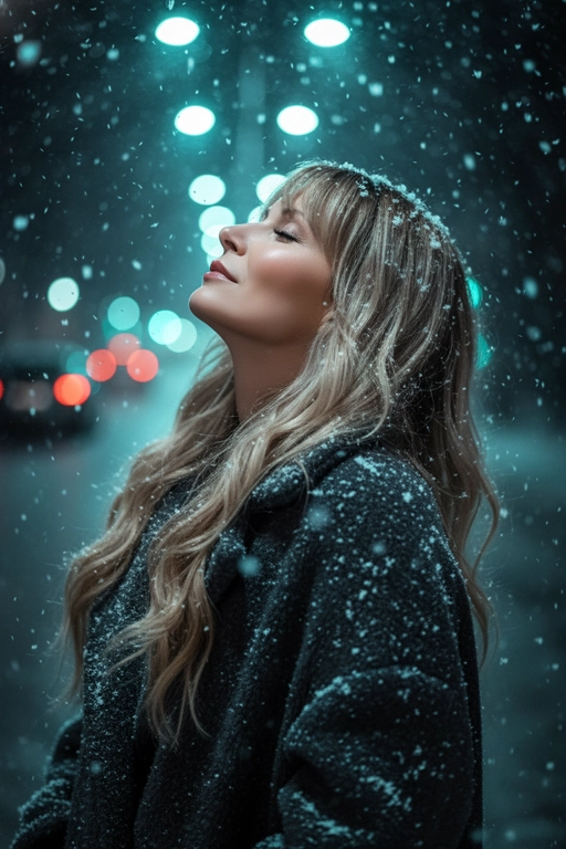 Сверхдетализированное, кинематографичное фото в разрешении 4K, стиль: эмоциональный реализм, темная зимняя эстетика. Крупный план (по пояс). Персонаж стоит на улице ночью во время снегопада. Голова запрокинута назад, лицо обращено к небу, глаза закрыты в выражении спокойствия и наслаждения моментом, словно вдыхая холодный морозный воздух. Волосы выглядят живыми, блестящими и очень детализированными. Персонаж одет в объемное темно-серое (антрацитовое) пальто из грубой шерсти. Текстура ткани мягкая, ворсистая, на ней видны осевшие белые снежинки. Идет густой снег, в воздухе множество снежинок разного размера — некоторые четкие, некоторые размыты в движении. Фон сильно размыт (малая глубина резкости), это ночной город. Ключевой свет: прямо за головой и чуть выше светятся крупные круглые огни холодного бирюзового (cyan/teal) цвета, создающие красивое боке. Слева вдалеке видны красноватые размытые огни (например, стоп-сигналы). Общая цветовая гамма — холодная, контрастная: черный, серый, электрический синий. Снято на светосильный объектив (f/1.8), фокус на ресницах и губах, эффект ветра, высокая четкость, фотореализм, RAW color grading, мрачная атмосфера.