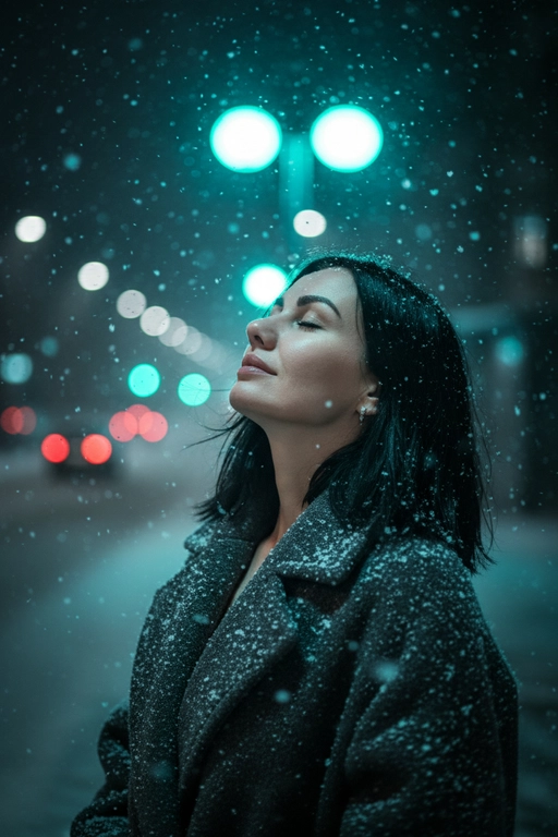 Сверхдетализированное, кинематографичное фото в разрешении 4K, стиль: эмоциональный реализм, темная зимняя эстетика. Крупный план (по пояс). Персонаж стоит на улице ночью во время снегопада. Голова запрокинута назад, лицо обращено к небу, глаза закрыты в выражении спокойствия и наслаждения моментом, словно вдыхая холодный морозный воздух. Волосы выглядят живыми, блестящими и очень детализированными. Персонаж одет в объемное темно-серое (антрацитовое) пальто из грубой шерсти. Текстура ткани мягкая, ворсистая, на ней видны осевшие белые снежинки. Идет густой снег, в воздухе множество снежинок разного размера — некоторые четкие, некоторые размыты в движении. Фон сильно размыт (малая глубина резкости), это ночной город. Ключевой свет: прямо за головой и чуть выше светятся крупные круглые огни холодного бирюзового (cyan/teal) цвета, создающие красивое боке. Слева вдалеке видны красноватые размытые огни (например, стоп-сигналы). Общая цветовая гамма — холодная, контрастная: черный, серый, электрический синий. Снято на светосильный объектив (f/1.8), фокус на ресницах и губах, эффект ветра, высокая четкость, фотореализм, RAW color grading, мрачная атмосфера.