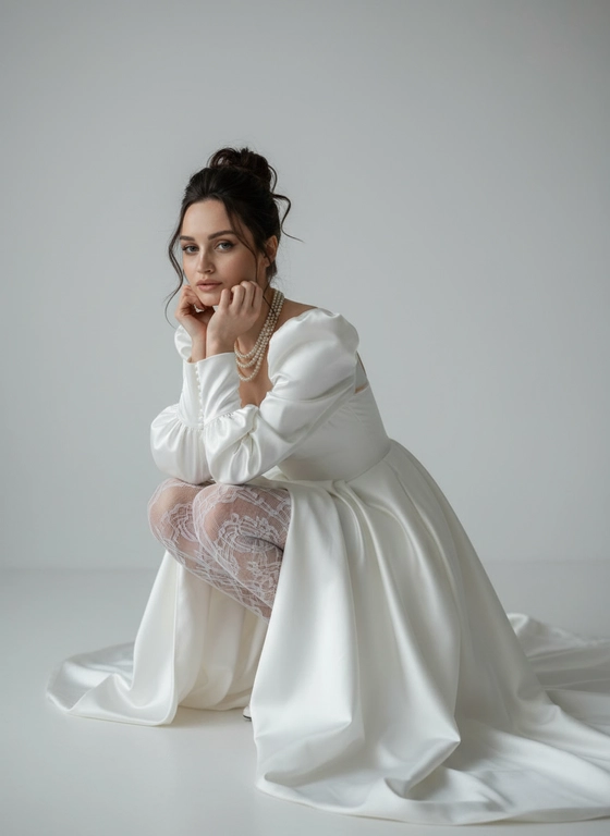 Лицо оставить строго без изменений. Модерн-фешн портрет невесты: женщина, не меняй черты лица в роскошном белом сатиновом свадебном платье с объемными рукавами и длинным шлейфом, присевшая на корточки, руки аккуратно поднесены к подбородку, жемчужное ожерелье, белые ажурные кружевные колготки, собранные волосы в небрежную высокую прическу с распущенными прядями. Минималистичный светло-серый фон, мягкий естественный студийный свет с деликатными тенями, высокая детализация текстур сатина и кружева, элегантная романтическая атмосфера, тонкая пастельная палитра (белый, кремовый, молочный), fine art fashion editorial, shallow depth of field, мягкое боке, кинематографическая цветокоррекция, фотокачество 4k, ultra-detailed, photorealistic. Параметры камеры: 85mm, f/1.8, низкий ISO, мягкий контраст. Negative prompt: no text, no watermark, no extra objects, no harsh lighting, no busy background.