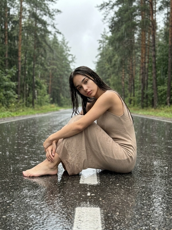 Девушка в бежевом платье на мокрой лесной дороге