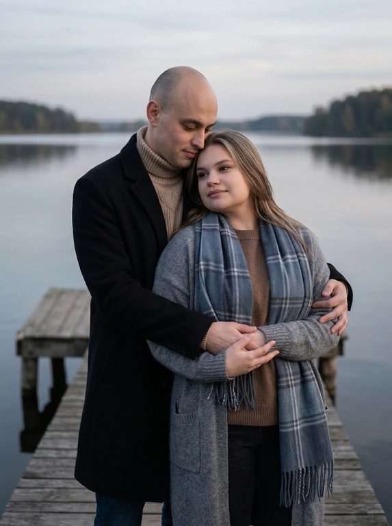 Фотография изображает пару на деревянном пирсе, возможно, у озера или реки. Стиль снимка — естественный, с мягким освещением и приглушённой цветовой гаммой, создающей атмосферу спокойствия и умиротворения. Кажется, это кадр из фотосессии, посвящённой отношениям.
Мужчина стоит позади женщины, обнимая её. Женщина стоит перед ним. Не менять причёску и сохранить черты лица. Руки мужчины обнимают женщину, его голова наклонена к её голове, создавая интимный момент. Руки женщины переплетены с руками мужчины.
Поза расслабленная, лица обоих выражают спокойствие.

Какая будет одежда?: Мужчина одет в чёрное пальто и бежевый свитер. Женщина одета в серый кардиган или пальто, накинутое поверх коричневого свитера или блузки, и тёмную юбку или брюки. Поверх кардигана наброшен большой клетчатый шарф в сине-серых тонах.