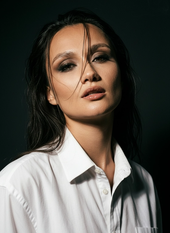 Используй загруженное изображение только как источник лица человека (форма лица, глаза, губы, кожа, волосы).
Полностью воссоздай сцену, позу, освещение, одежду и атмосферу референсного изображения без сигареты.

Формат изображения: вертикальный 3:4

Сцена:
кинематографичный fashion портрет в тёмной драматичной студии.

Композиция:
очень крупный портрет лица и плеч, камера немного снизу, лицо почти по центру кадра.

Поза:
голова слегка наклонена, взгляд направлен прямо в камеру, губы немного приоткрыты.

Волосы:
темные волосы слегка растрепаны, несколько прядей падают на лицо.

Макияж:
интенсивный smoky eyes, глянцевые губы, high fashion beauty look.

Одежда:
белая мужская рубашка, слегка расслабленный стиль.

Аксессуары:
Без аксессуаров

Освещение:
жесткий кинематографичный боковой свет, создающий глубокие тени и драматический контраст.

Атмосфера:
зернистая film photography эстетика.

Фон:
темный студийный фон.

Стиль:
cinematic fashion editorial portrait, ultra realistic, dramatic lighting, film grain texture.

Строго сохранить:
— белую рубашку, без аксессуаров 
— растрепанные волосы
— smoky eyes
— крупный портрет
— драматический свет

Сгенерировать точную реконструкцию сцены (1:1)

exact pose, exact lighting, exact composition, exact scene recreation, cinematic fashion portrait, ultra realistic, replicate the reference image exactly.