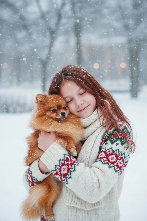 Соответствие лица: сохраняйте точные черты лица, структуру костей, разрез глаз, форму губ, текстуру кожи и оттенок по загруженной фотографии, максимально соответствует индивидуальности] -> Человек с мягкой улыбкой, полузакрытыми от счастья глазами -> нежно обнимает собаку, щека прижата к пушистой шее собаки, обе руки обвиты вокруг груди и шеи собаки, снежинки тают на шерсти и волосах., нежное, любящее выражение лица -> в кремово-белом толстом свитере скандинавской вязки с традиционным красно-зеленым рождественским рисунком на рукавах и воротнике,  в белом вязаном шарфе, свободно повязанном на шее -> на улице в сильный снегопад. В кадре видно морду собаки. Собака породы оранжевый померанский шпиц