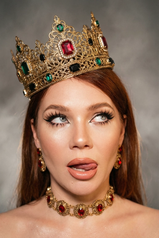 Создай фото -детальное описание художественного портрета девушки, выполненного в популярной современной эстетике, сочетающей элементы «е-qirl» и стиля «rebellious royalty» (бунтарская королевская особа).
:Центральный образ и внешность:
• Лицо и поза: Девушка позирует в дерзкой и провокационной манере.
Её глаза закатаны (или направлены сильно в сторону и вверх), а кончик языка слегка высунут. Это создает образ, сочетающий в себе игривость, бунт и некоторую отрешенность.
Элегантный макияж глаза с длинными острыми черными стрелками, длинные густые ресницы эффект лучики, нижние ресницы накрашены, хайлайтер во внутренних уголках и скулах.
Пухлые полностью прокрашенные телесной матовые губы слегка приоткрыты легкий блеск и светло-коричневый карандаш по краям. персиково-розового оттенка.
Не меняй мою прическу. 
Корона: На голове массивная высокая корона в винтажном стиле. Она украшена сложным филигранным узором и крупными драгоценными камнями: по центру расположен большой квадратный красный камень (рубин), по бокам - камни зеленого (изумруд) и черного цветов. Корона сидит немного небрежно, подчеркивая неформальность образа.
Ожерелья:
На шее надет чокер, выполненный в одном стиле с короной - цепочка с круглыми красными камнями в оправе. В ушах серьги по такому же типо как корона •
Фон: Нейтральный, дымчато-серый или слегка туманный. Он лишен деталей, что позволяет полностью сфокусировать внимание на ярких аксессуарах и лице модели.
Освещение и обработка: Свет мягкий, рассеянный. Фотография имеет характерную обработку с эффектом «зернистости» (пленочное зерно), что придает ей винтажный и художественный вид.
Цветовая гамма теплая, с акцентом на золото и красный цвет.
Общее впечатление:
Снимок транслирует идею современной интерпретации власти и красоты. Это противопоставление классического символа величия (короны) и современного неформального поведения.
Образ выглядит стильно и кинематографично и запоминающе, сильная вспышка. Корона цвета золота.