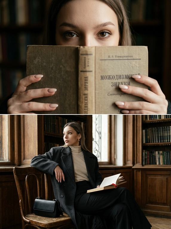 Кинематографичная, ультрареалистичная фотосессия с девушкой в стильном, модном образе. Атмосферный интерьер с эстетикой fashion editorial: винтажная библиотека с чистым светом и выразительными тенями.

Сцена состоит из двух кадров( вертикальный коллаж): 
Кадр 1 - верхний (крупный план):
В кадре видно только глаза и часть книги- верхняя часть лица занимает большую часть кадра. Девушка держит книгу перед лицом, прикрывая нижнюю часть лица так, что видны только глаза. Акцент на взгляде — уверенном, выразительном, слегка загадочном. Свет мягкий, направленный, подчёркивает глаза и текстуру кожи. Книга частично в фокусе. Неглубокая глубина резкости, лёгкий film grain, глянцевая журнальная эстетика.

Кадр 2 - нижний (средний план):
Девушка сидит на краю деревянного стула, держит открытую книгу, отвлекается от чтения и смотрит в сторону. Поза расслабленная, но с ощущением постановки, как в модной съёмке.

Одежда: современный fashion-образ с акцентом на силуэт и фактуры — структурированное пальто oversize, тонкий трикотаж, прямые брюки с высокой посадкой. Возможны акценты: кожаные элементы, чёткие линии, лаконичные аксессуары (серьги, очки, сумка). 

Цвета сдержанные: чёрный, бежевый, серый, молочный, возможен один контрастный элемент. Образ выглядит как съёмка для журнала или lookbook.

Свет более направленный и контрастный, с мягкими тенями и акцентом на форму и объём. Чистая композиция, ощущение дорогой fashion-съёмки.

Общий стиль:
cinematic, fashion editorial, soft but directional light, high detail, shallow depth of field, 35mm / 50mm lens, luxury minimalism, magazine photography aesthetic
Не меняй мою внешность.