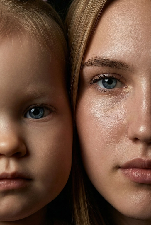   создай портрет, не меняя черты лица. Крупный план (extreme close-up) двух лиц людей, их лица прижатых друг к другу. Видны только половины каждого лица.
Драматичное освещение в стиле чиароскуро, глубокие тени.
Невероятная детализация кожи: видны поры, текстура, естественный блеск у женщины.
Выразительный взгляд прямо в камеру. Высокое разрешение, макросъемка, профессиональное студийное фото, 8K.