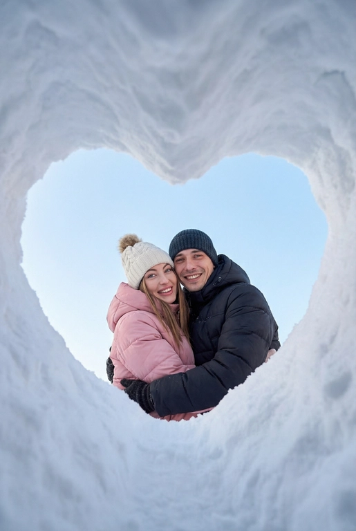 Фотография этой пары, снятая снизу вверх через отверстие в снегу в форме сердца. Камера находится в снежной нише, края кадра — плотный белый снег, образующий чёткое сердце. В центре кадра двое человек из референса, обнимающие друг к друга, смотрят прямо в камеру. Люди одеты по-зимнему.   Их одежда стильная и современная. Они улыбаются, лица хорошо видно. 
Фон — чистое светло-голубое зимнее небо без облаков. Естественный дневной свет, мягкие холодные оттенки, высокая детализация снега и ткани одежды. Атмосфера — уют, любовь, спонтанный зимний момент. Реалистичная фотография, без искажений лиц, фокус на людях, эффект живого кадра, как с экшн-камеры или смартфона, вертикальный формат. Женщина одета в розовый пуховик и белую шапку с помпоном, мужчина в темный пуховик и темную шапку. Внешность мужчины и женщины сохранена полностью, мимика вся сохранена тоже . 