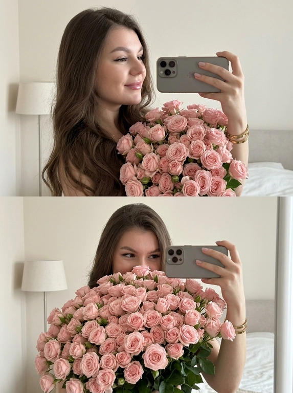 Коллаж из двух фотографий, формат 9:16, стиль селфи в зеркале. Эта женщина, аккуратный макияж с акцентом на глаза (четкая подводка, длинные ресницы), блестящие губы. В кадрах доминирует огромный, густой букет нежно-розовых кустовых роз.
Верхний кадр: ракурс сбоку, легкая улыбка, женщина держит телефон горизонтально, видны золотые браслеты.
Нижний кадр: фронтальный ракурс, женщина в основном скрыта за букетом, кокетливо выглядывает; женщина горизонтально держит современный смартфон в сером чехле с тройной камерой в центре.

Светлая минималистичная комната. На заднем плане размытая прикроватная лампа с мягким нейтрально-белым светом, светлая бежевая стена, часть кровати или мягкой мебели вне фокуса. Освещение мягкое, рассеянное, без желтизны, эстетика роскошного образа жизни в стиле Instagram/Pinterest, женственная и нежная атмосфера.