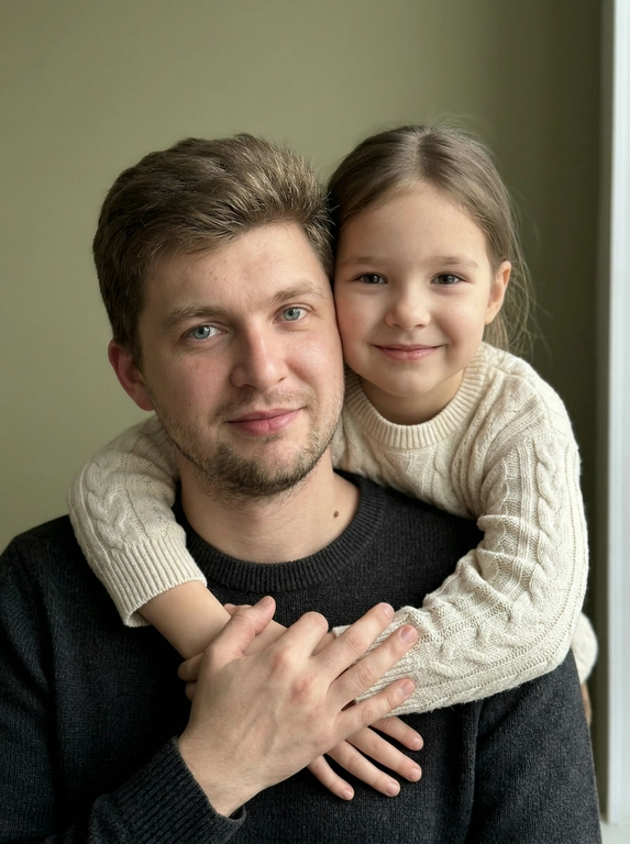 Создай портретный студийный кадр из фотосессии отца и его дочери для этих людей из присланных фото. Дочь нежно обнимает папу сзади, руки мягко сомкнуты на его груди, щекой слегка касается его головы. Оба смотрят прямо в камеру. Спокойные, тёплые, естественные эмоции, лёгкая улыбка.

Приглушенно-зеленый, почти хаки, минималистичный фон. Мягкий естественный рассеянный свет из окна, деликатные тени, акцент на лицах. Натуральная цветокоррекция, светлая чистая палитра, реалистичная текстура кожи без излишней ретуши.

Одежда — базовая и нейтральная: у отца тёмный трикотажный свитер, у дочери светлый вязаный свитер. Без принтов и логотипов.

Кадр — крупный или средний план, плотная композиция, ощущение близости и доверия. Профессиональная съёмка, 85mm lens, shallow depth of field, soft natural light, ultra realistic, high detail, family portrait photography.