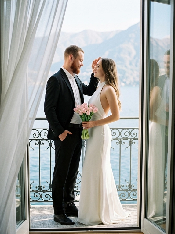 Фотореалистичный bridal editorial, полный рост. Пара стоит на узком балконе у открытой стеклянной двери. Мужчина слева, корпус в 3/4 вправо к женщине, одна рука в кармане брюк, другой рукой мягко касается её волос у лба, голова чуть наклонена к ней, взгляд на женщину, лёгкая нежная улыбка. Женщина справа, стоит очень близко, корпус в 3/4 влево, голова поднята к мужчине, взгляд снизу вверх на его лицо. В обеих руках прижат к животу маленький аккуратный букет из 11 этих цветов: бутоны цветов собраны плотно, стебли строго вниз, букет вертикальный, не у бедра, не у груди. Мужчина в чёрном костюме и белой рубашке без галстука. Женщина в длинном белом платье-халтер с открытой спиной. Фон: кованые перила, озеро, горы, светлые шторы. Мягкий естественный дневной свет, 50mm, лёгкое зерно.

Из каких цветов будет букет невесты?: Нежно-розовые тюльпаны