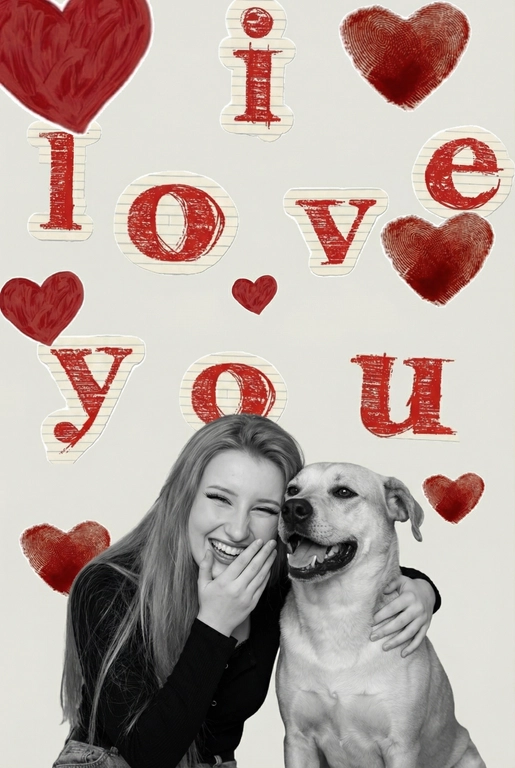Используй загруженные фотографии людей и отдельно переданный фон с надписью "I love you" и красными сердцами и создай коллаж.
Размести людей по внизу и по центру переданного фона, по пояс. Не меняй возраст. Не омолаживай и не делай старше. Не добавляй взрослые или детские черты. Не изменяй форму лица и пропорции.
Они слегка наклонены друг к другу, создавая ощущение близости и живого движения. Тела расслаблены и немного поданы вперёд.
Естественные искренние эмоции — живой смех.
Один обнимает другого за плечи в спонтанном нежном жесте.
Второй прикрывает рот рукой во время смеха, глаза слегка прищурены от радости.
Переведи людей полностью в чёрно-белый контрастный монохром, сохранить естественные лица без искажений.
Фон оставить цветным без изменений. Не перекрывать буквы и символы на исходном изображении (фона).
Аккуратная вырезка, реалистичный свет, мягкие естественные тени, фотореализм.
Люди — чёрно-белые. Фон — цветной.