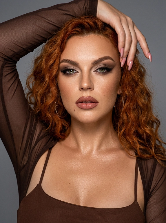 Создай ультрареалистичный профессиональный beauty-портрет в эстетике люксовой fashion-съёмки. Вертикальный формат, экстремально крупный план лица, от макушки до груди. Женщина строго по центру, смотрит прямо в объектив уверенным, слегка с прищуром, дерзким взглядом, брови приподняты. Одна рука изящно изогнута над головой, пальцы расслаблены у виска. На ногтях длинный миндалевидный маникюр с глянцевым нежно-розовым покрытием.

Макияж: выразительный вечерний glam makeup. Густые оформленные брови, холодный тауп и серо-коричневые тени с глубоким шоколадным затемнением внешних уголков. Чёрные эффектные стрелки, в том числе во внутренних уголках глаз, кошачий макияж, густые ресницы с лисьим эффектом, светлый акцент во внутренних уголках глаз. Коричневый смоки с лифтинг-эффектом.

Скульптурные скулы, бронзер, мягкий контур носа, тёплые персиковые румяна. Загорелая золотисто-карамельная кожа с влажным сиянием. Губы слегка приоткрыты, очерчены коричнево-розовым карандашом, матовый оттенок. Шиммер на теле.

Кожа: реалистичная текстура с видимыми порами, микрорельефом и естественными несовершенствами, лёгкий пушок. Никакой пластиковой кожи, чрезмерного сглаживания или искусственной ретуши.

Одежда и аксессуары: облегающий коричневый топ с тонкими бретелями и открытым декольте, поверх — полупрозрачный тёмно-шоколадный сетчатый топ с длинными рукавами. Реалистичное мелкое плетение ткани, естественные складки и натяжение на согнутой руке. Крупные серьги-кольца, никаких других украшений.

Свет и фон: интенсивный фронтальный студийный свет немного сверху. Контрастное освещение без провалов в тенях. Гладкий однотонный холодный серый фон без предметов и текстур, слегка размытый.

Цветокоррекция и камера: эстетика дорогой журнальной beauty-съёмки, тёплая бронзовая кожа, глубокие шоколадные оттенки одежды и холодный фон. Эффект аналогового плёночного зерна с коричневыми оттенками. Драматичные тени, подчёркивающие глаза. Насыщенные цвета, выразительный контраст, реалистичные отражения и естественные блики.

Цвета: чёрно-каштановый, коричневый, тёплый золотистый, бежевый, серый. Текстура старого журнала и кадров ретро-фильма, заметный эффект зернистости.

Причёска: Не менять прическу