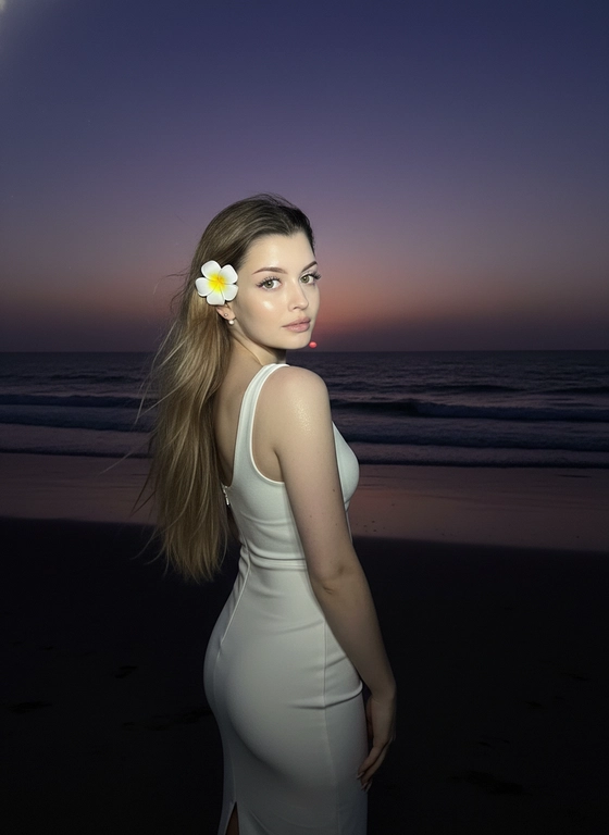 Сделай фото, будто я на пляже, где темно, но кто-то сфотографировал меня со вспышкой, и мое лицо немного блестит и светится, заднем плане закат, как будто солнце село на 98%, оставив фиолетовый оттенок, и само по себе почти темно. Фото сделано из-за моей спины, как будто  мне сказали, повернуться. Я в белом облегающем платье с цветком, заправленным в волосы. Волосы должны развеваться так, как будто дует слегка ветер.