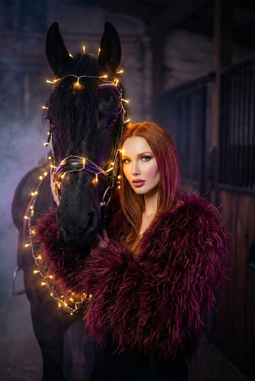 Создай крупный портрет, не меняя черты лица. Фотография в стиле высокой моды. Женщина, одетая шубу из пера страуса. Она стоит рядом с вороной лошадью, которая полностью обвита светящимися теплым светом гирляндами. Гирлянда также идет поверх узды.  Освещение драматичное, кинематографичное, с  неоновым свечением и легкой дымкой на заднем плане в конюшне . Высокая детализация, 8k, профессиональная съемка. Лицо девушки освещено мягким теплым светом. Глубокие тени, туман, мистическая и сюрреалистичная атмосфера. Фото на камеру 35mm, малая глубина резкости. Цвет шубы - бордовый