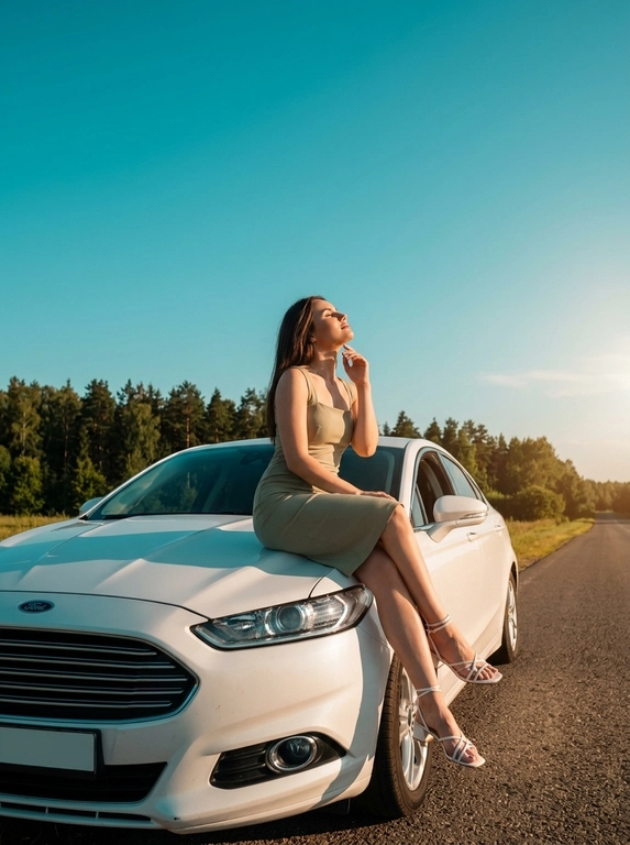 Модель в светло-оливковом платье-футляре и белых босоножках на небольшом каблуке с ремешком сидит боком на краю капота машины.  Кадр в «золотой час» на загородной трассе. Расслабленная поза, голова запрокинута, взгляд вверх.
Освещение теплое закатное, с золотистыми бликами и выраженными тенями. Фон: бирюзово-голубое небо с большим отрицательным пространством, линия леса.
Кинематографичная тонировка с легким «teal & orange». Атмосфера спокойствия, свободы и летнего вечера. Высокая детализация и фотореализм.

Какая будет машина?: Белый форд мондео