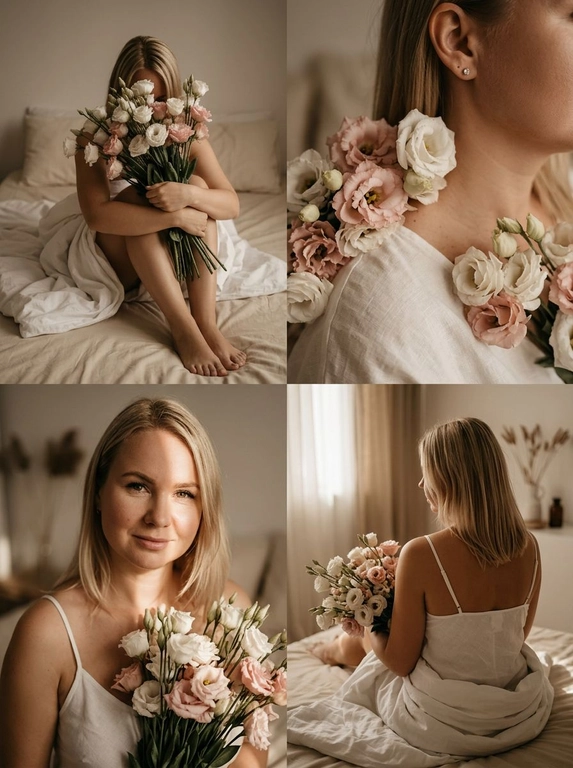 Используй загруженное фото для лица, строго сохрани идентичность, внешность, возраст, волосы, глаза. Коллаж из 4 вертикальных (соотношение 9:16) кадров в едином нежном, романтичном, богемном стиле "утра невесты". Цветовая гамма: теплые, приглушенные, землистые тона (бежевый, кремовый, белый, бледно розовый) с игрой мягкого света и теней.
Кадр 1 (Верхний левый): Человек сидит на кровати, обняв колени, лицо скрыто за большим букетом бело-розовых цветов (эустома/розы). Видна только макушка.
Кадр 2 (Верхний правый): Крупный план плеча, нежно прикрытого бело-розовыми цветами. Видна маленькая бриллиантовая серьга. Акцент на текстуре лепестков и ткани.
Кадр 3 (Нижний левый): Погрудный портрет. Человек смотрит в камеру с легкой улыбкой, держит букет у груди. Контрастный луч света освещает лицо и блики в глазах.
Кадр 4 (Нижний правый): Человек сидит спиной к камере, в белом топе с тонкими лямками, завернутый в белые простыни, с букетом. Голова чуть повернута влево. Акцент на линию спины и плеч. Мягкий свет подчеркивает контуры фигуры.
Сцена: Минималистичная спальня с белым или кремовым бельем.
Реалистичная телефонная съёмка высокого качества, малая глубина резкости, мягкое студийное освещение с контровым светом. Цвета: бежевый, кремовый, белый, бледно-розовый.