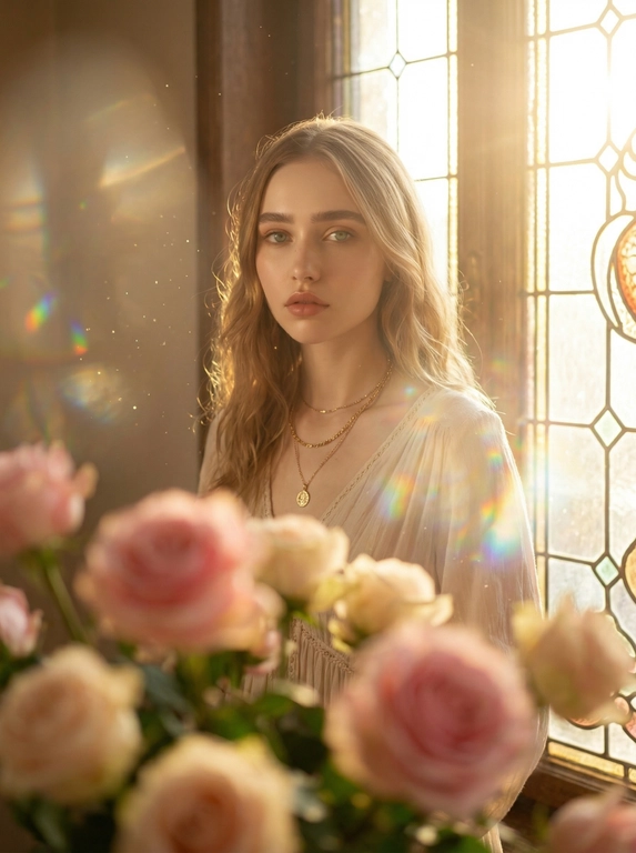 Сделай ультрареалистичное и Высококачественное 8K фото, сохрани мою  внешность и исходную асимметрию лица и исходное качество кожи.

Поза и композиция кадр по пояс 
Интерьерная съёмка у большого  старинного витражного окна. Поза спокойная, женственная. Передний план частично перекрыт сильно размытыми розами, создающими мягкую рамку и глубину кадра.

Одежда
Платье в стиле бохо светлого цвета, украшения 
Фон
Старинное,витражное окно 

Свет
Мягкий очень тёплый золотистый свет из окна сбоку или сзади, как низкое солнце. В задней части кадра сильное сияние и солнечный блик, лёгкая дымка, мягкие радужные переливы, искры в воздухе, световые зайчики и рефлексы вокруг меня. Картинка слегка сияющая, но лицо и платье хорошо читаются.
Черты лица и цвет волос не должны быть изменены