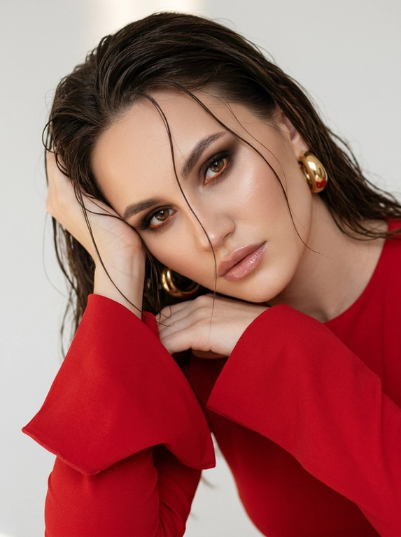 Создай не меняя черты лица. Портрет женщины крупным планом. Она склонила голову набок, опираясь на согнутую руку, что создает угловатые линии в ее позе. Ее взгляд прямой, притягивающий зрителя своей интенсивностью и уязвимостью. Ее волосы влажные, пару прядей падают на лицо.
На ней приталенный ярко-красный топ с невероятно длинными рукавами широкими на концах, сшитый из плотной матовой ткани, которая слегка облегает ее фигуру. Наряд минималистичен, но в то же время изыскан.
Освещение мягкое, но направленное, идет сверху и немного сбоку, отбрасывая нежные тени на ее лицо и подчеркивая черты ее лица.
Макияж: глаза: тени растушевка, Смоки айс, коричневый с черным цветом растушевано с дымкой, внутри слизистой прокрашено ярким оранжевым карандашом и с низу растушеван, глаза выделяются. Ее кожа плавно рассеивает свет, хайлайтер на скулах, нос и под бровью. Брови естественные, прочесаны, ресницы прокрашенные. Губы с блеском и естественную текстуру для фотореализма. Серьги объемные золотые кольца.
Свет мягко подчеркивает объем, создавая кинематографичную атмосферу. Нейтрально-светлый размытый фон усиливает концентрацию на лице. Солнечный свет частично освещает лицо. Образ мечтательный и нежный, фотореалистичный, текстурная детализация 8K. Фон светлый студийный.